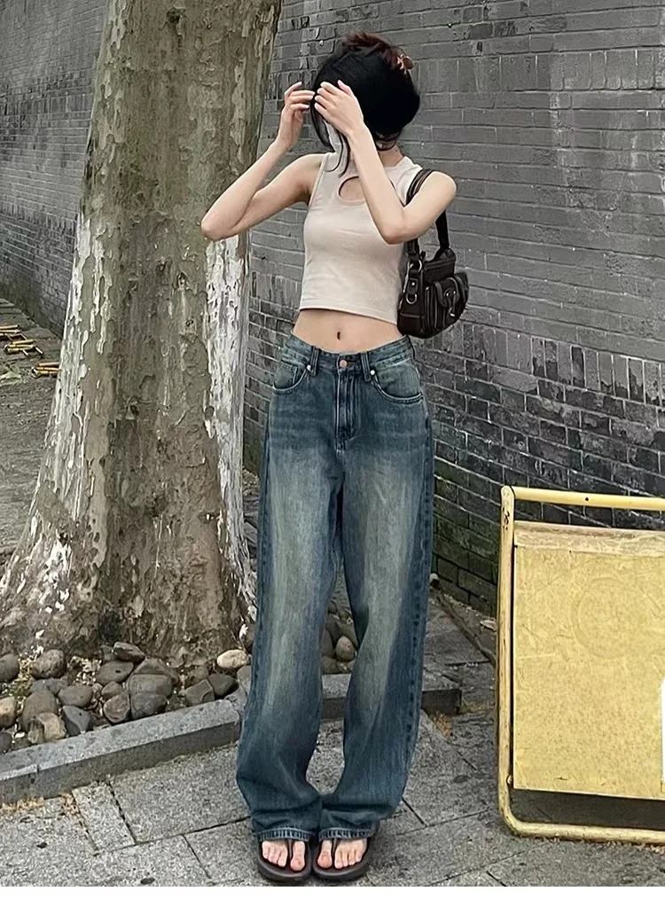 High Waist Straight Leg Floor Length Pants Korean Sle Loose Fit Slimming Effect Spring Collection Ladies Jeans