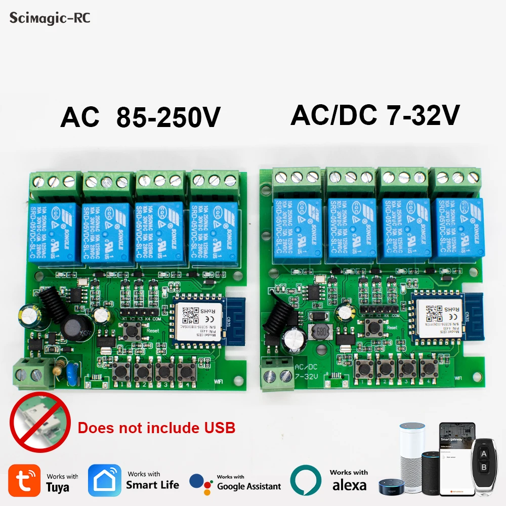 Módulo de interruptor wi-fi inteligente tuya, 12v 32v 220v rf 433, controle remoto de rádio, relé de 1/2/4 canais para alexa, google home, vida inteligente