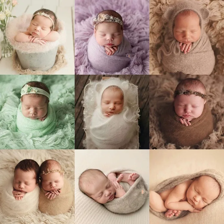 ทารกแรกเกิดการถ่ายภาพ Props ยืดขนสัตว์ห่อผ้าห่ม Swaddling Handmade หมวกถ่ายภาพอุปกรณ์เสริม