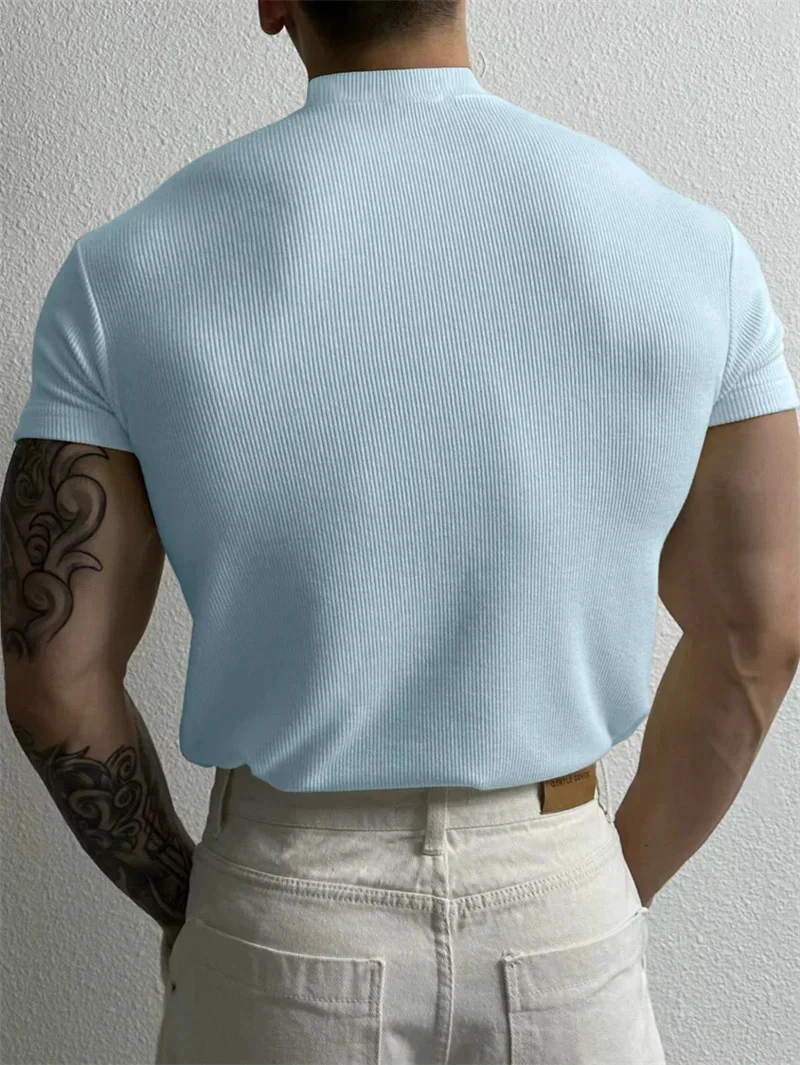 Primavera verão elástico confortável camiseta masculina pequena gola alta listra camisa de manga curta fitness topos esportes casual camiseta