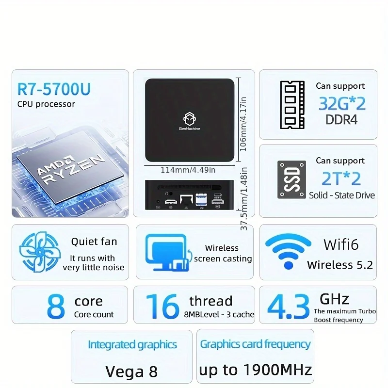 Genmachine Mini PC Computer Gaming AMD Ryzen7 5700U 4800H 5800H 4500U Pocket Dual HDMI LAN WIFI6 BT5.2 Windows 11 Ryzen Computer