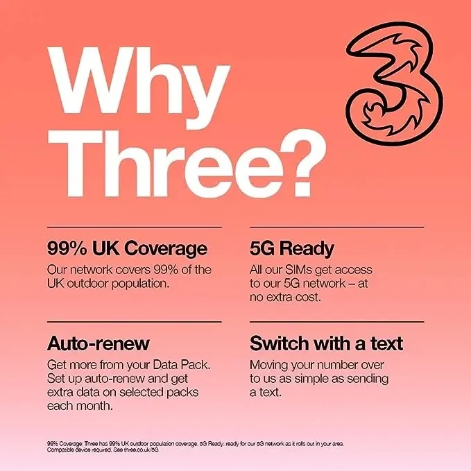 PrePaid Europe (UK THREE) sim card 12GB data+3000 minutes+3000 SMS for 30days with FREE ROAMING/USE in 71destinations all Europe
