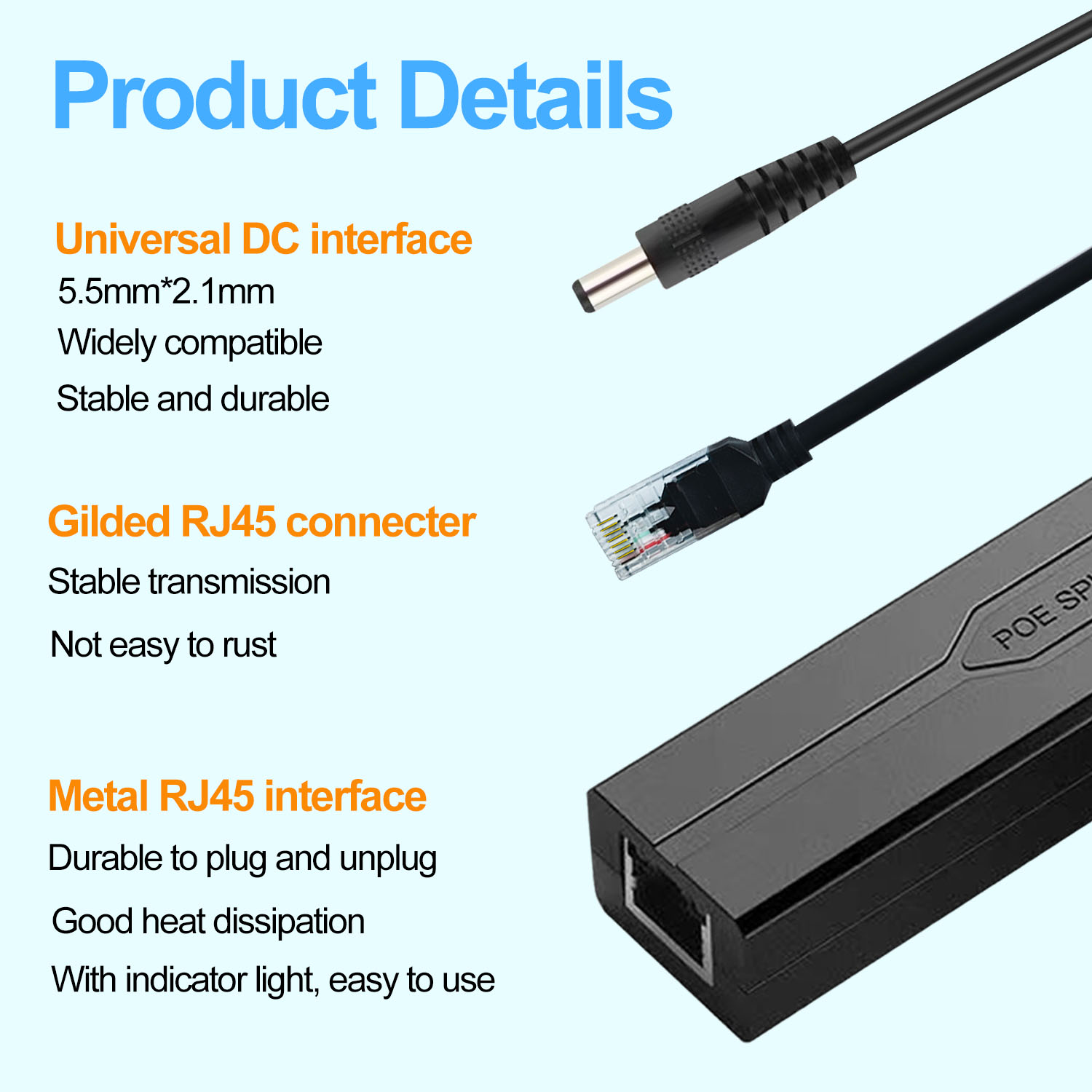 Adaptador divisor poe, módulo de alimentação de cabo separador adaptativo ativo, injetor não isolado 48v a 12v dc para vídeo e alimentação 1,2a