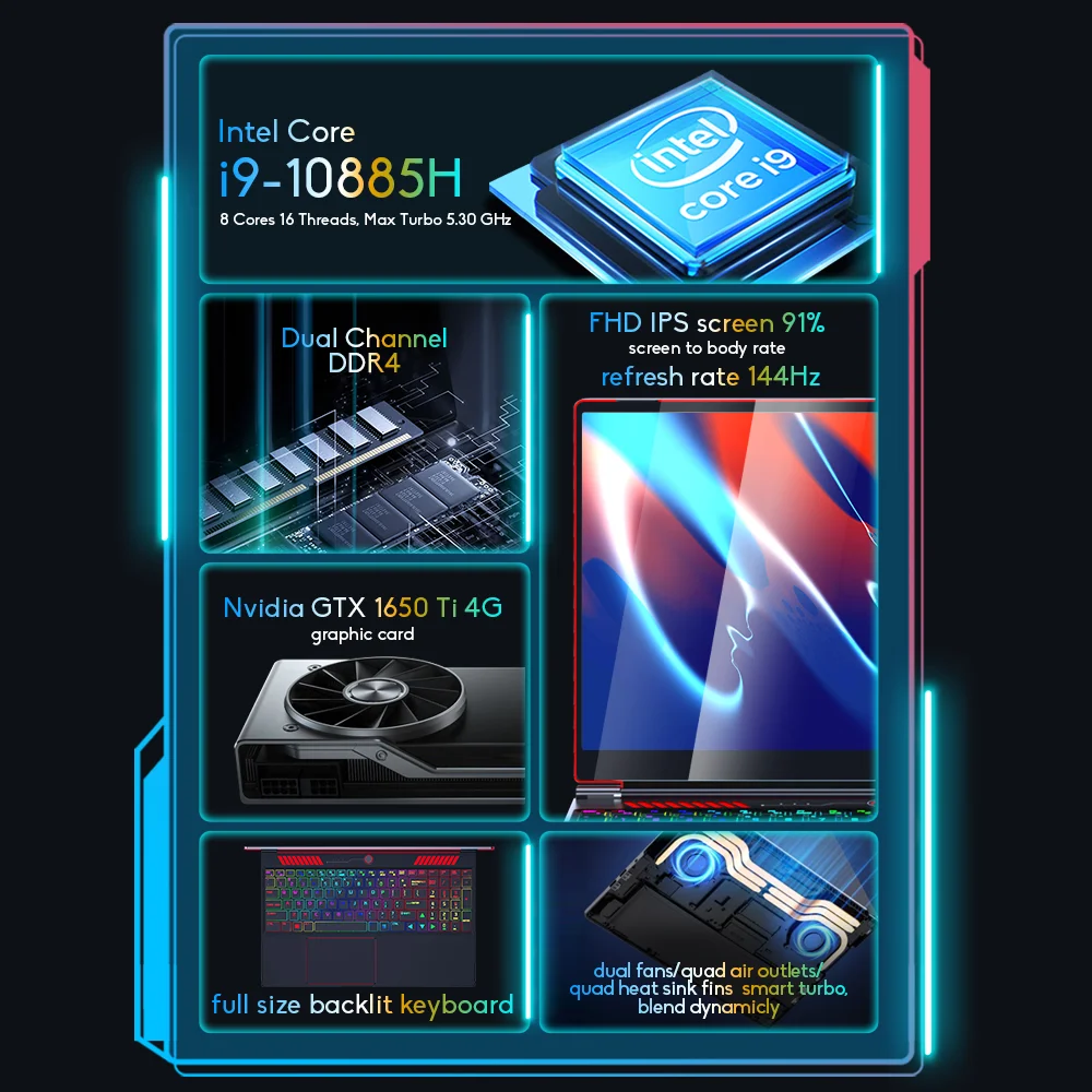 Ninkear-Laptop para jogos com Intel Core I9-10885H, Notebook Nvidia GTX1650Ti, 144Hz, 32GB + 1TB SSD, Windows 11, 16 in, G16