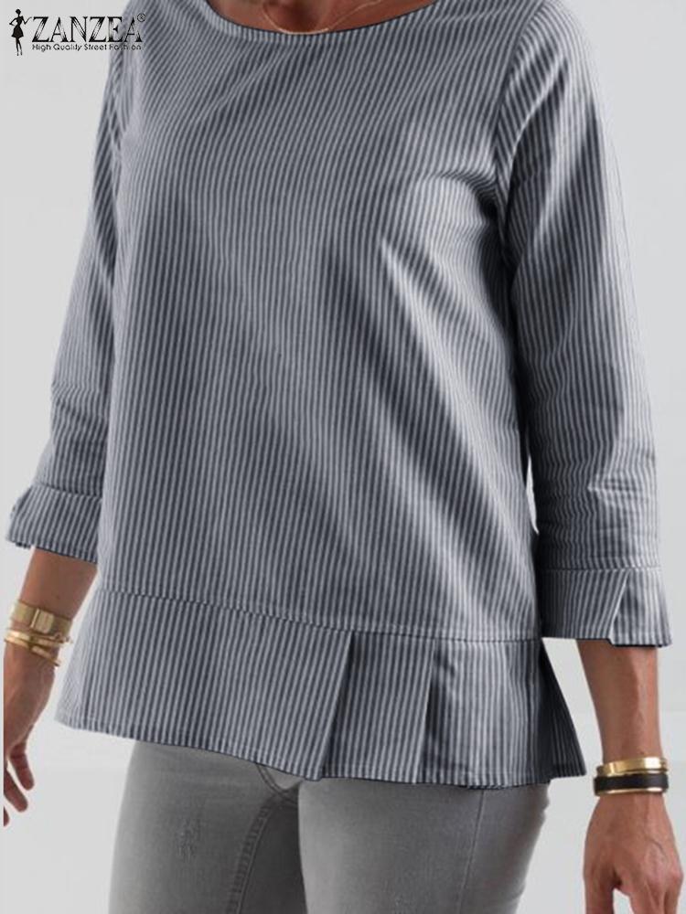 Zanzea เสื้อพิมพ์ลายทางสำหรับฤดูร้อน, เสื้อเบลาส์ลำลองคอกลมเสื้อเบลาส์สตรีแขนยาวลำลองสำหรับวันหยุด