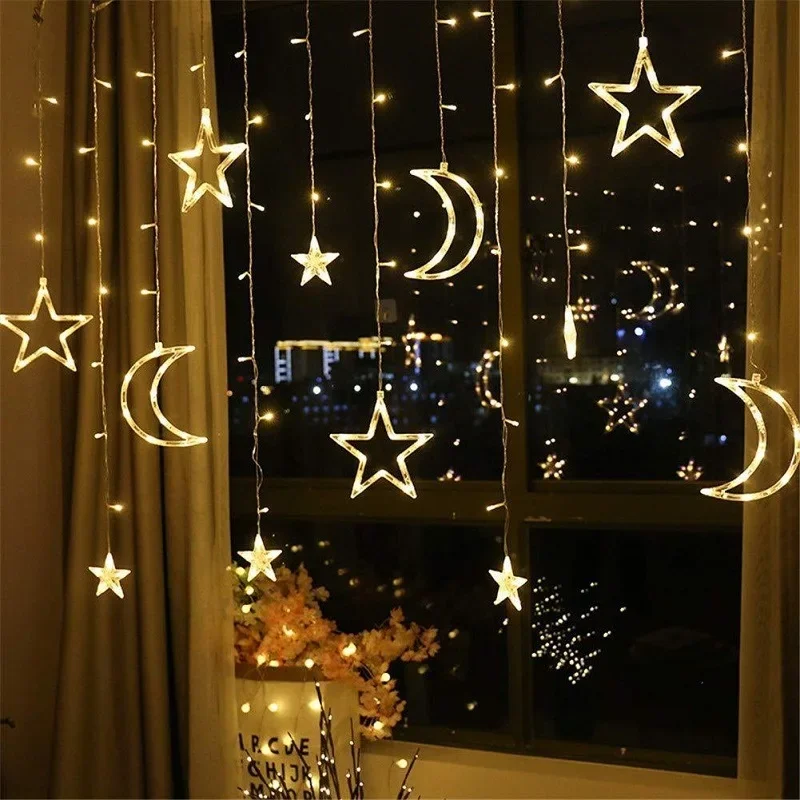 3.5M 220V LED Moon Star Lamp Christmas Garland String Lights Neon Lantern Fairy Curtain Light for Wedding Holiday Decoration