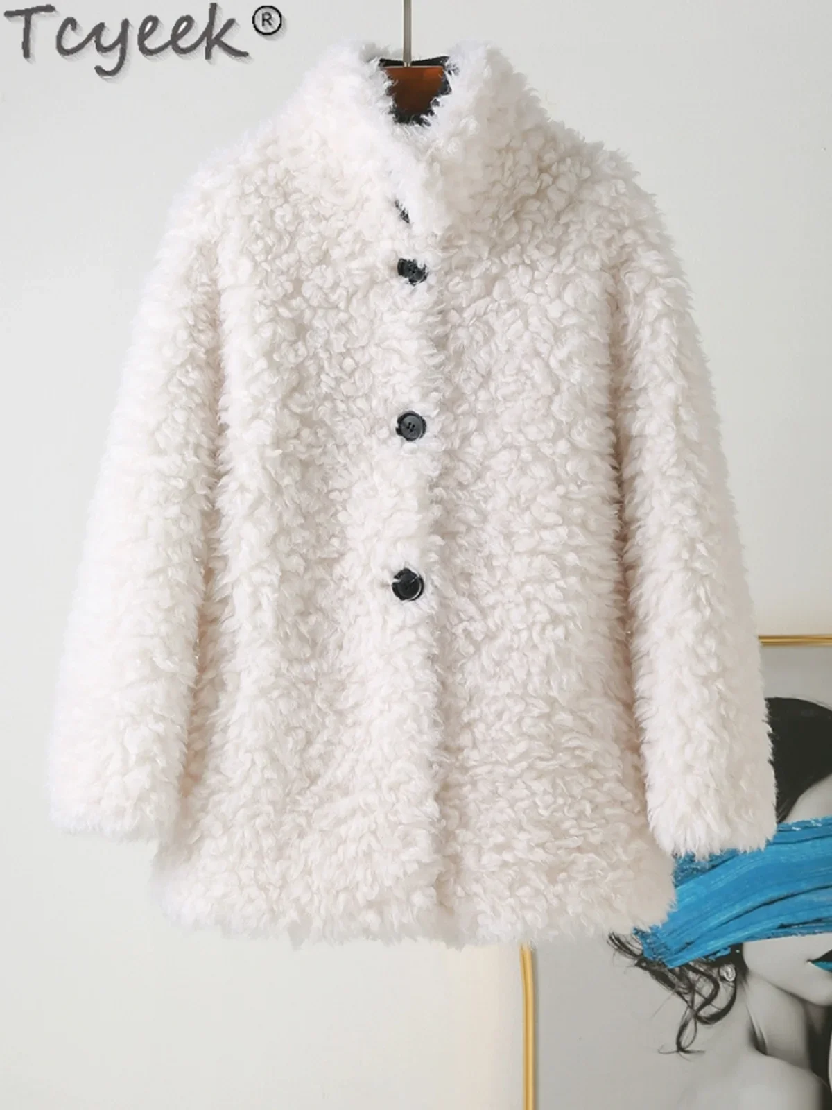 Tcyeek 100% jaqueta de lã quente casaco de shearling de ovelha jaquetas de inverno para mulheres casaco de pele feminino de comprimento médio 2024