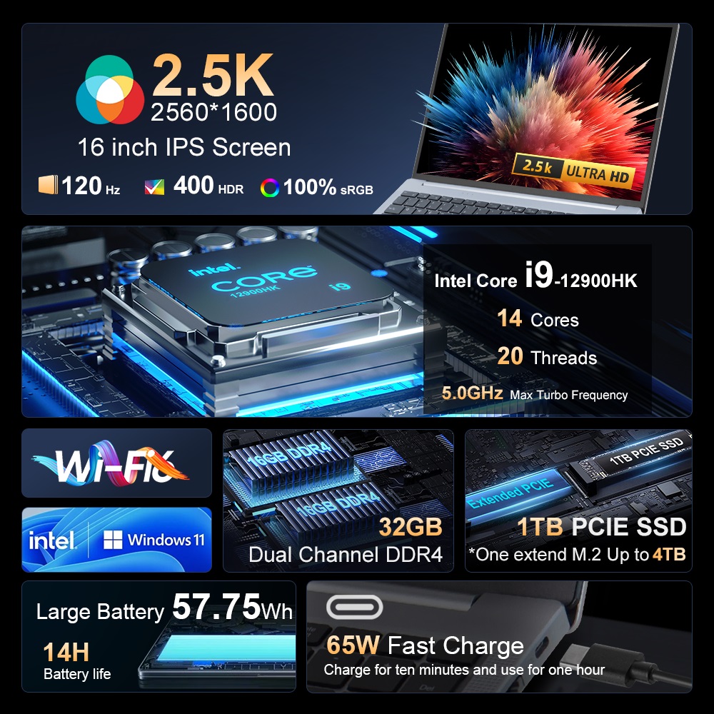 Ninkear-Computador de jogos com desbloqueio de impressões digitais, Pro Laptop N16, 32GB, 1TB, 12th, Intel i9-12900HK, 16 pol, 2.5K, IPS, 120Hz, 63.52Wh