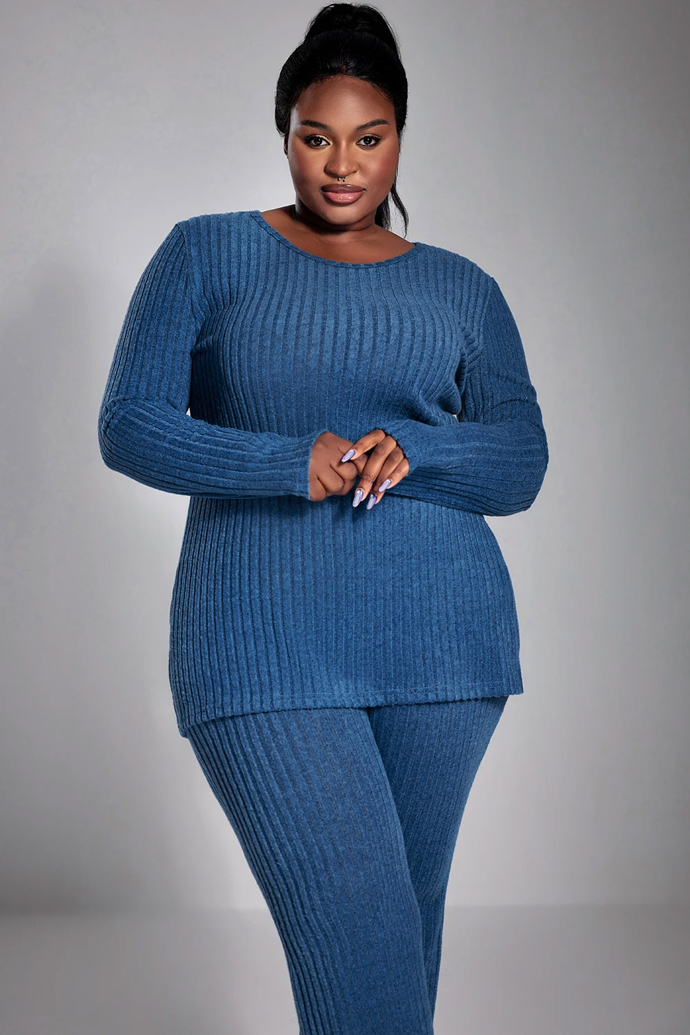 Conjunto de calça casual plus size outono inverno azul royal cor sólida slim fit malha gola redonda conjunto de calça de duas peças