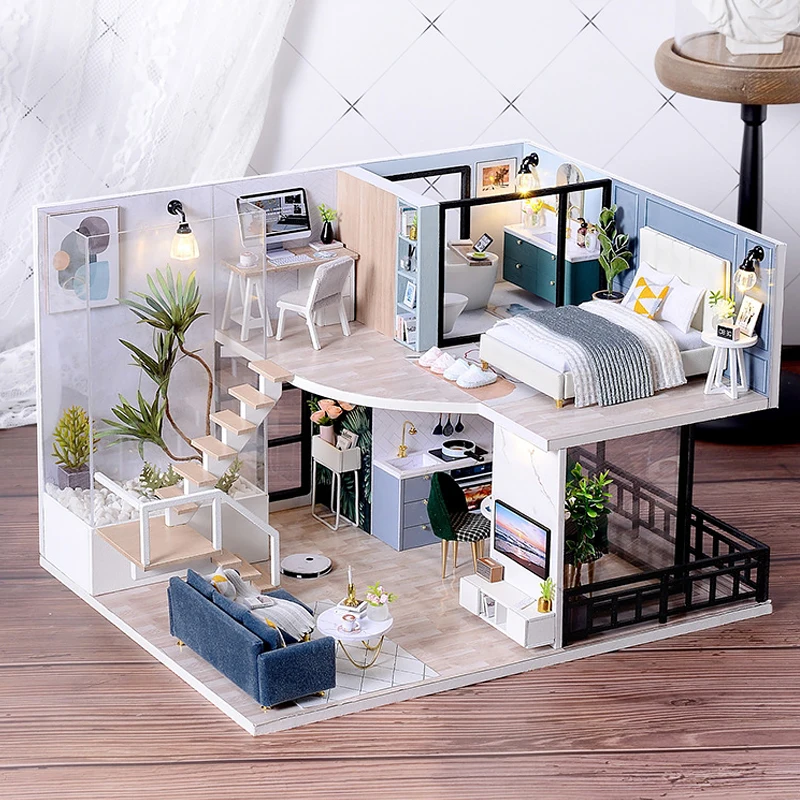 Puppenhaus Kit 3D Holz Mini Puppenhaus Montage Gebäude mit Möbel Kit Spielzeug Kinder Geburtstags geschenk 3D Puzzle hand gefertigt