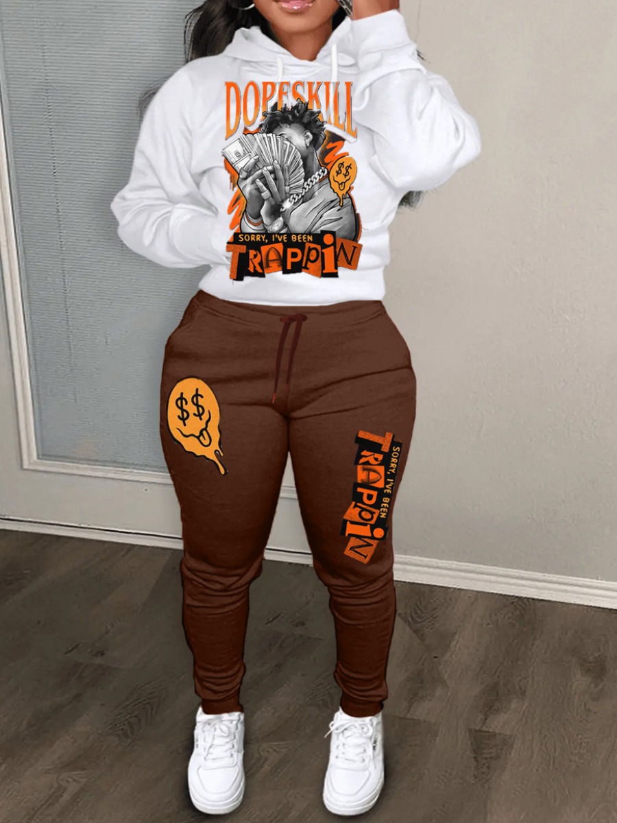 Conjunto de sudadera con capucha y bloques de Color con estampado de letras para otoño e invierno de talla grande, conjunto de chándal femenino informal de manga larga para uso diario