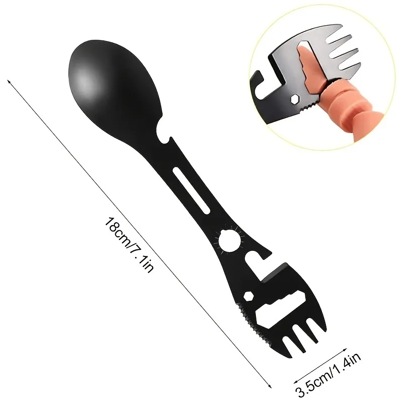 Spork multifunzionale 10 in 1: cucchiaio per utensili portatile in acciaio inossidabile, apriscatole, coltello seghettato, chiave inglese, indicatore di direzione