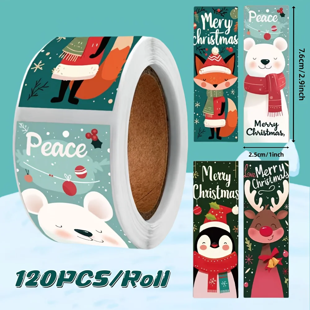 120pcs Christmas Stickers Roll - Cute Santa Polar Bear, Merry Christmas - for Gift Wrapping,  Packaging - Paper-Based