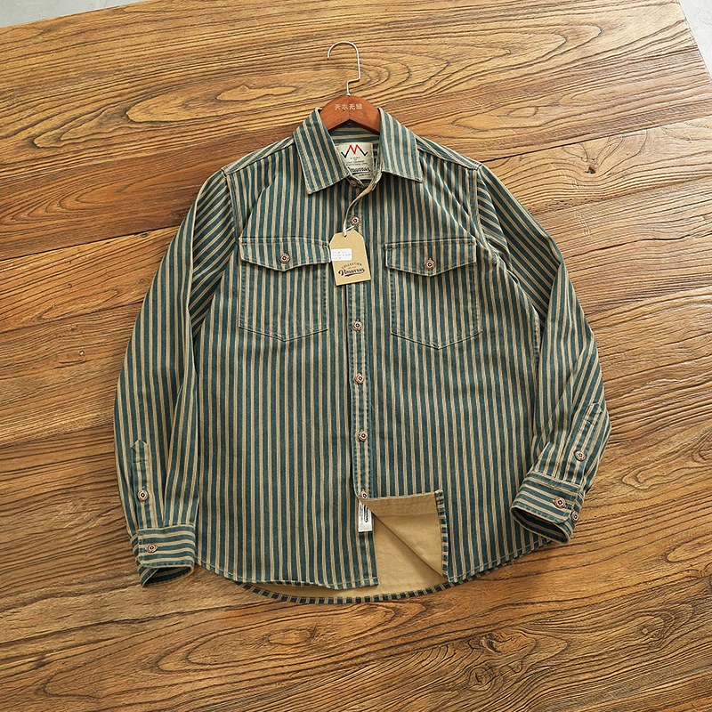 Csa Vaquera Retro Desgastada con Rayas Vertics Azules, Csa de Trabajo Hoada de Manga Larga Estilo Americano para H...