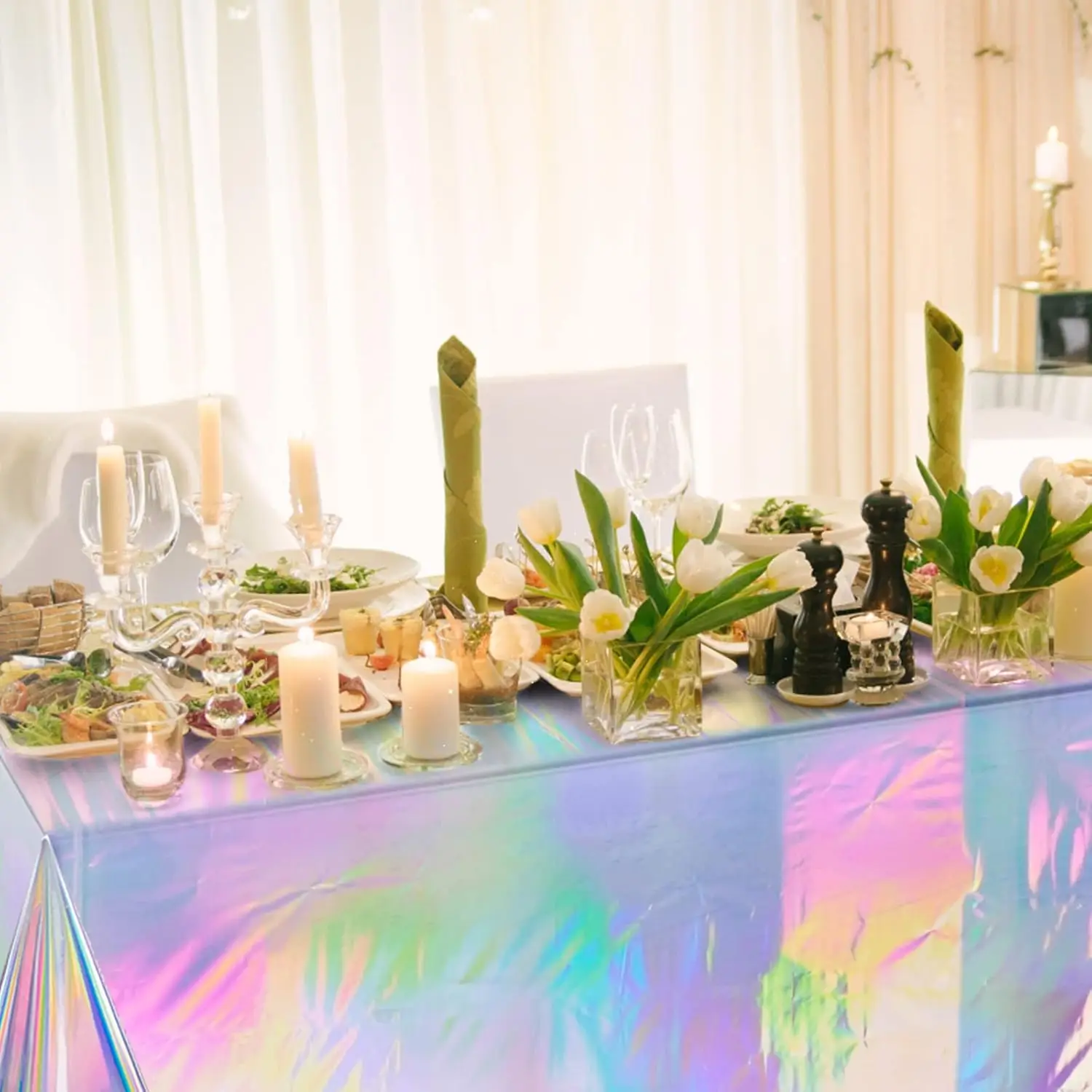Plastic Tablecloths Disposable Laser Tablecloth Holographic Foil Rectangle Table Covers Birthday Disco Bachelorette 54" x 108"