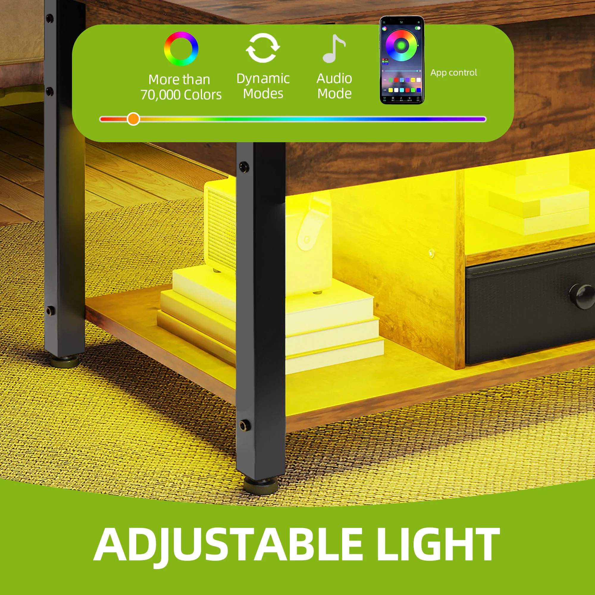 Mesa de centro 4 em 1 marrom vintage YITAHOME – altura ajustável, converte à mesa de jantar com armazenamento e iluminação LED