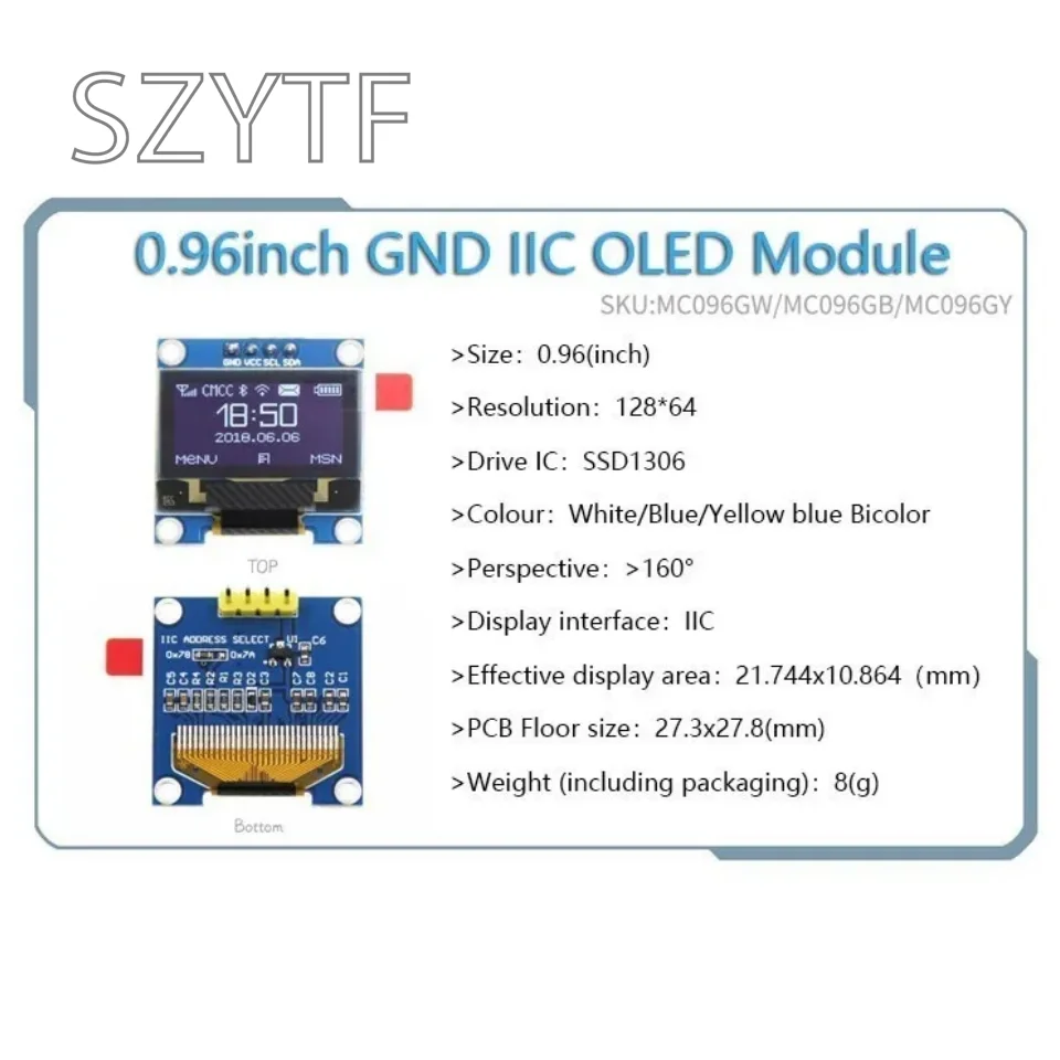 White word OLED series 0.91/0.96/1.3 inch OLED display module IIC I2C SPI 128X64 I2C SSD1306 12864 LCD for arduino