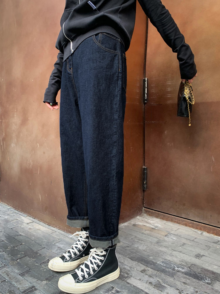 High Waist Denim Jeans Women's Pear Shape Versatile Pants plus Size Loose Slim Straight Harem Pants Thick Autumn Deep Color