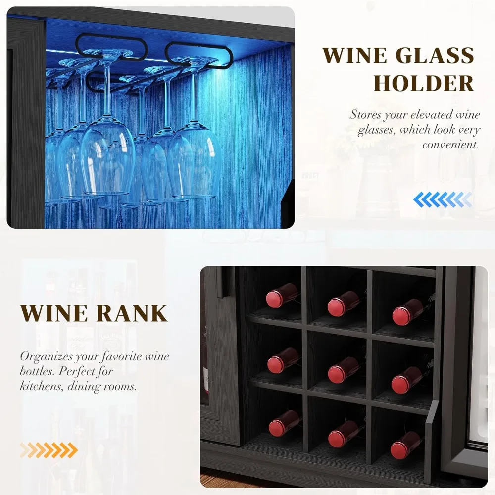 Wine Bar Cabinet with Fridge (Included), Liquor Coffee Cabinet with LED Lights & Rack, Mini Fridge Cabinet with Storage, Human B