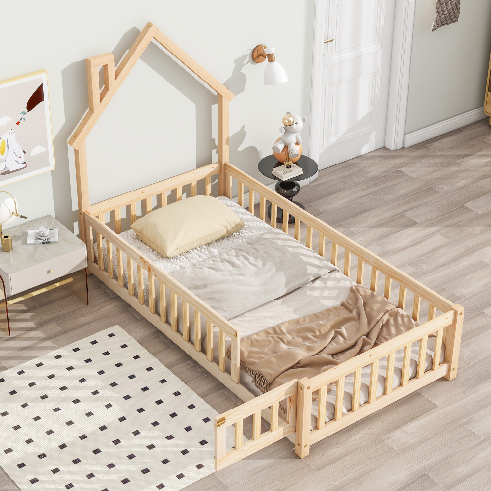 Twin House-Shaped Headboard Floor Bed with Fence,Natural