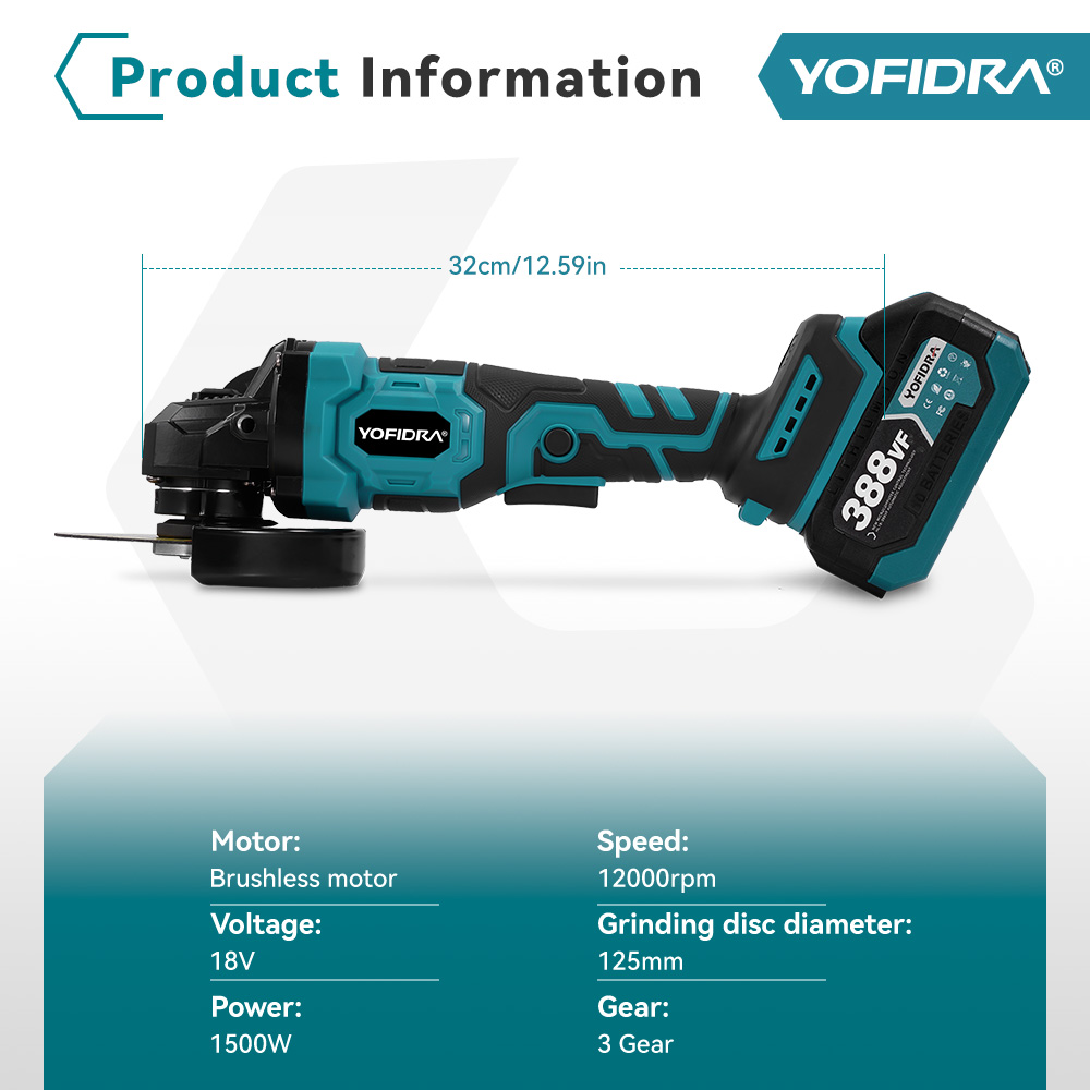 YOFIDRA 125mm Brushless Angle Grinder 3 Gear Cordless Grinding Machine Polishing Cutting Woodworking Tool For 21V 18V Battery