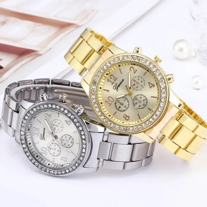 Luxus Quarz Frauen Uhr Business-Mode Lässig Runde Strass Silber Edelstahl Armband Armbanduhr Relogio feminino