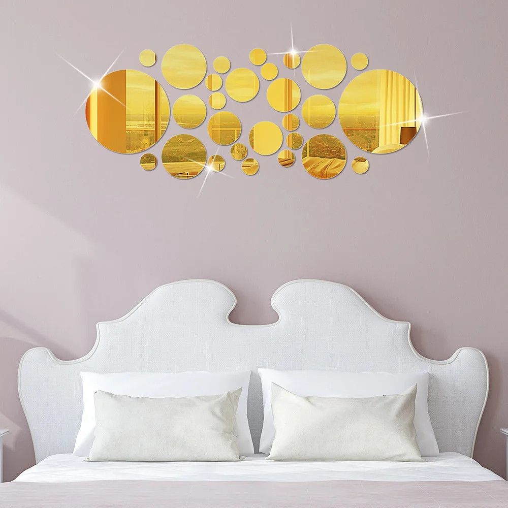 สติ๊กเกอร์ตกแต่งผนังห้องนอนและห้องน้ำ DIY - 26 ชิ้น สติ๊กเกอร์ติดผนังอะคริลิค 3 มิติ รูปทรงกลม กระจกเงา ตกแต่งผนังห้องพัก ตกแต่งพื้นหลังทีวี