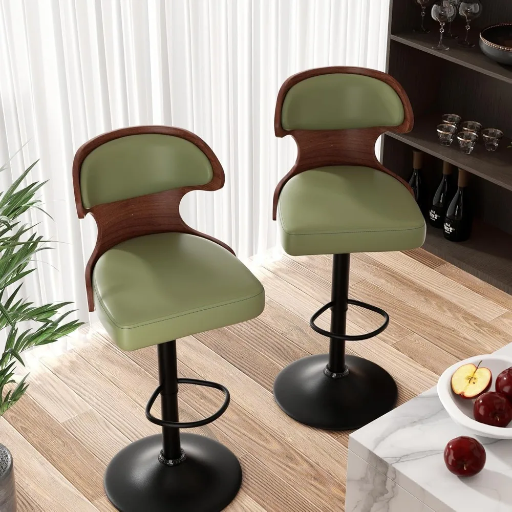 Bar Stools Set of 2 Seat Adjustable Height 24.5-33.5IN - Bentwood Swivel Barstools with Back & Footrest - PU Leather Upholstered