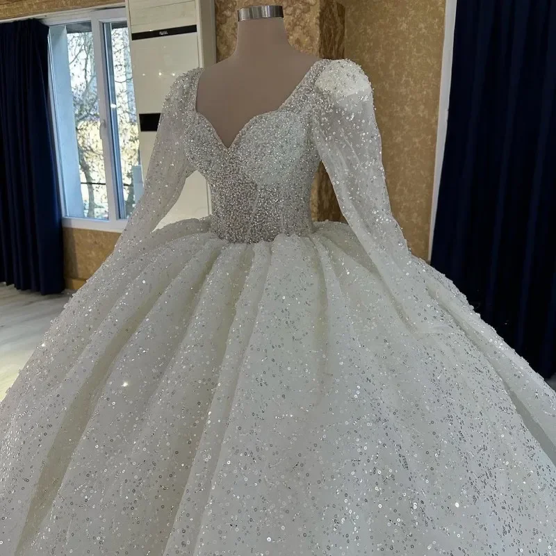 Robe De mariée blanche personnalisée, col en cœur, manches longues, dentelle pailletée, Robe De luxe, 2025
