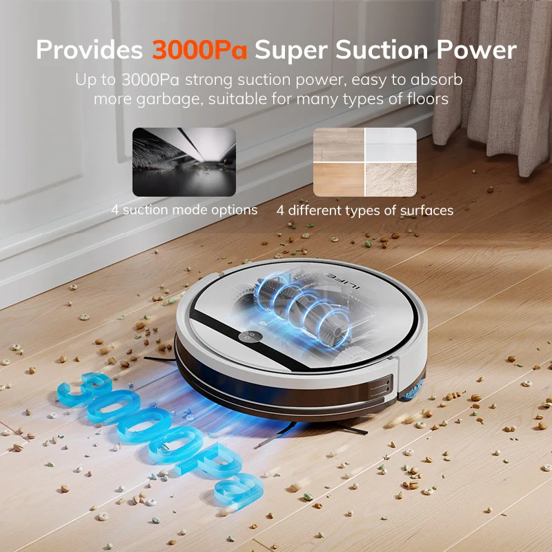 ILIFE V3X Robot aspirateur et vadrouille combinés, V3s Pro mis à niveau, compatible avec Alexa/Google/WiFi, 120 minutes, 3000 Pa, idéal pour les poils d'animaux