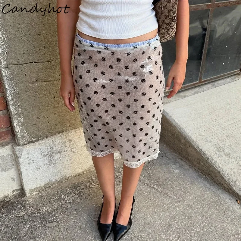 Candyhot Polk Dot stampato elegante gonna longuette dritta a vita bassa Y2K vacanze estive moda francese nuovi abiti da donna All-Match