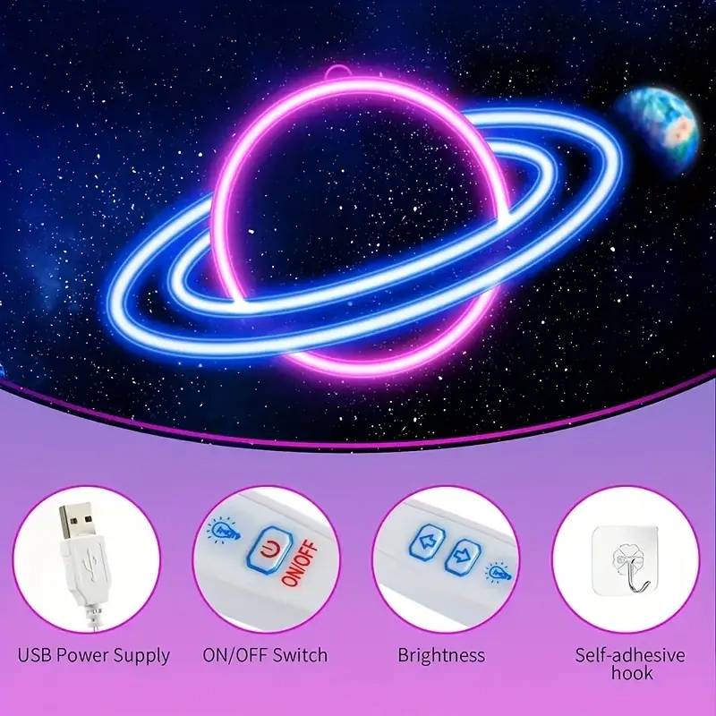 Letrero de neón Planet, letreros de luces de neón LED de brillo de 10 niveles para decoración de pared, luces de neón alimentadas por USB para dormitorio