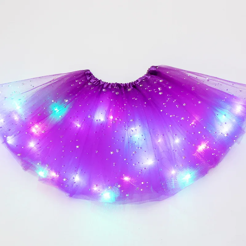 Gonna soffice a LED luminosa Gonna a pieghe per danza classica a strati per ragazze Abito corto illuminato in tulle per la festa di compleanno che indossa un costume