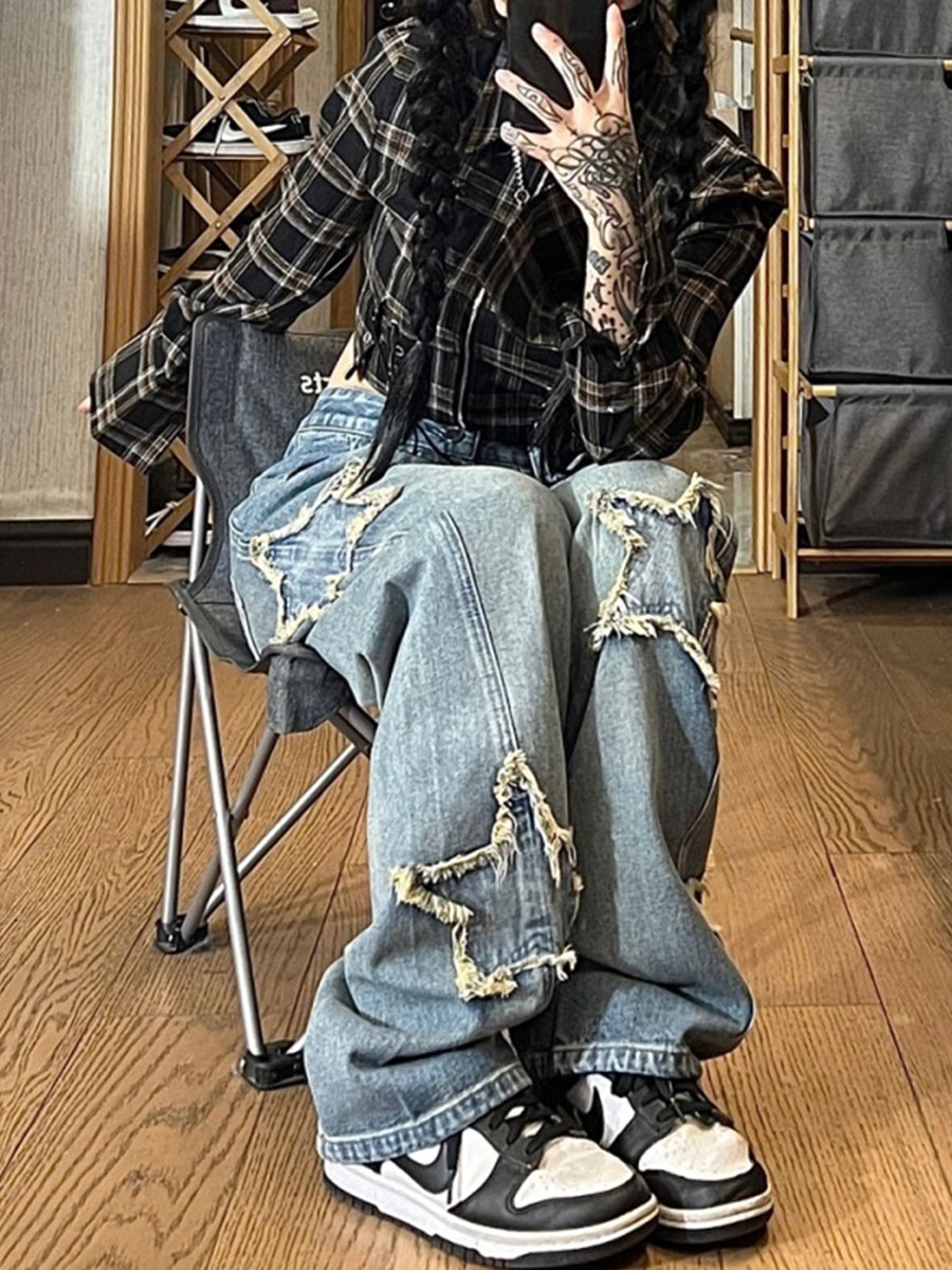 レトロハイウエストワイドレッグジーンズ女性のストレートカットフロアレングスパンツ痩身ルーズフィット春秋のファッションストリートスタイル