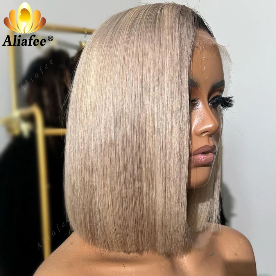 Parrucca frontale in pizzo 13X4 con densità del 180% trasparente di colore biondo cenere Parrucca per capelli umani con caschetto corto biondo per donna
