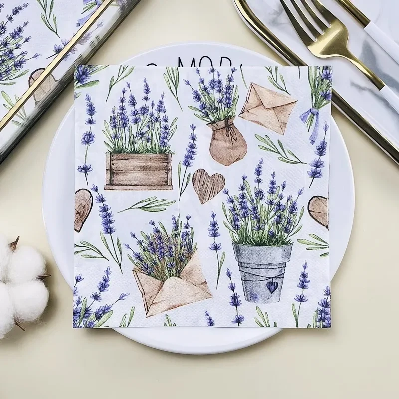 Servilleta impresa, tejido Facial cuadrado, papel de dibujo para Hotel, restaurante, servilleta de tejido colorida de lavanda, mantel individual, paños para la boca, 20 piezas