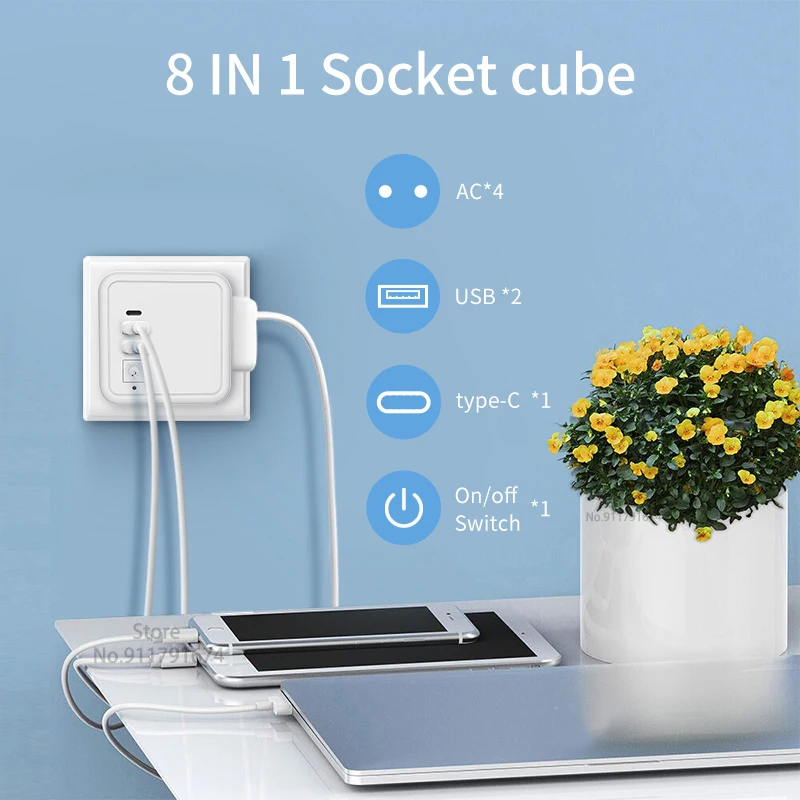 EU Kr Plug Multiprise Steckdosenleiste mit 4 AC-Steckdosen + 2 USB-Anschlüssen + 1 Typ C 5 V 3,1 A Cube-Adapter Multi-Steckdose Ein/Aus-Schalter
