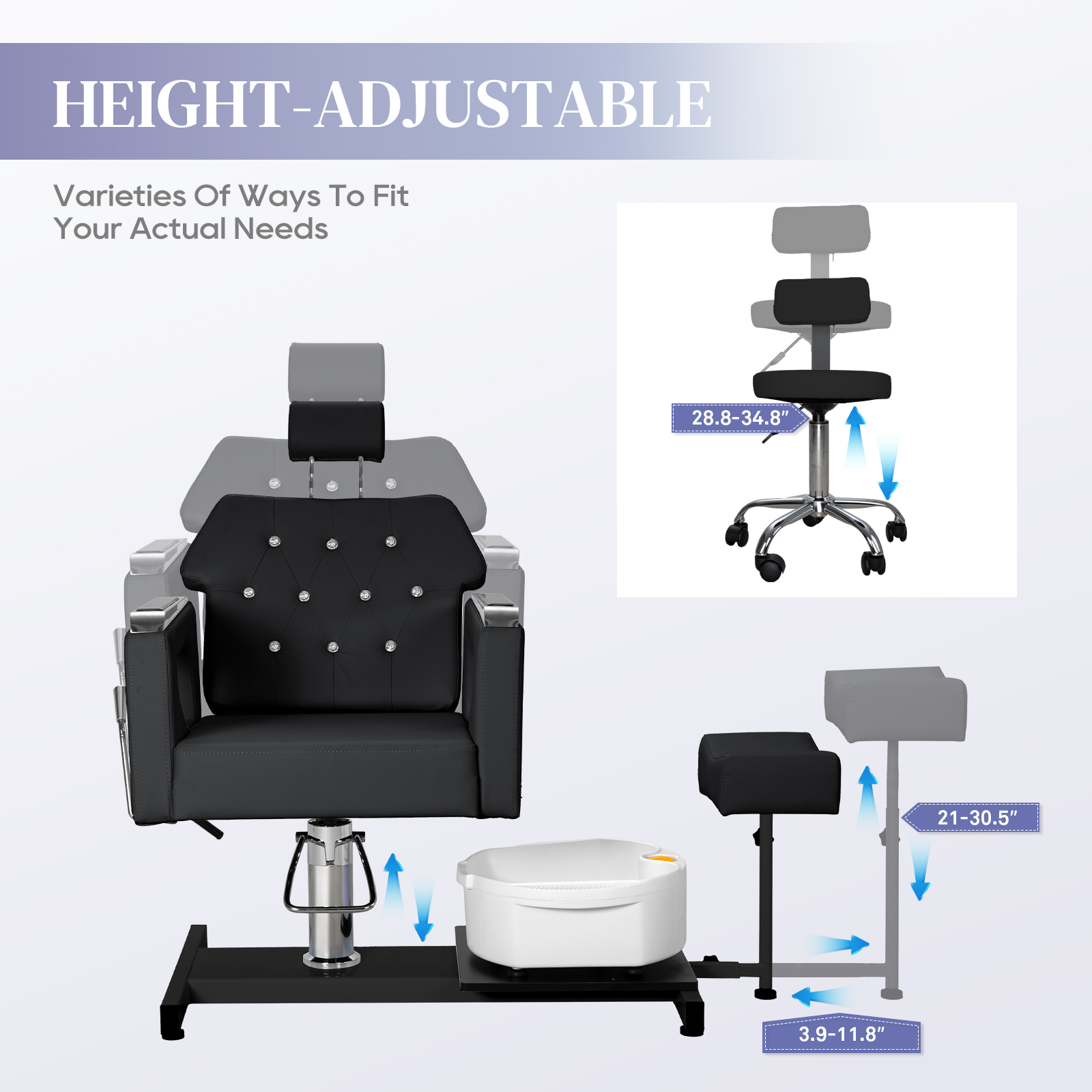 Pedicure Chair No Plumbing, 360° Swivel Hydraulic Adjustable Reclining Station with Massage Foot Bath & Footrest for Nail Tech,