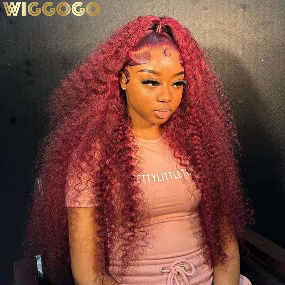 WiggKnitting-Perruque Lace Front Wig naturelle bouclée, cheveux humains colorés, Deep Wave, rouge bordeaux 99J, 13x6, HD