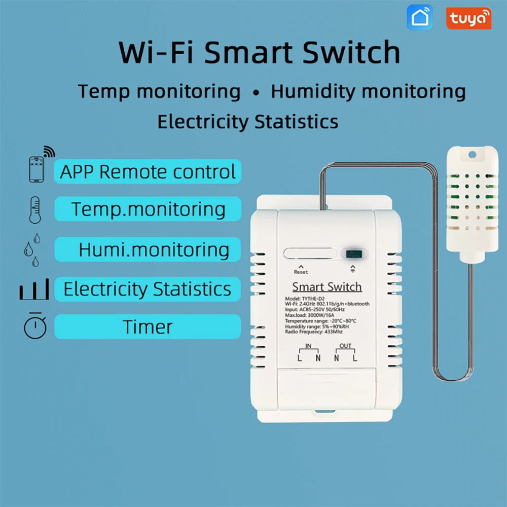 Tuya WiFi Switch 16A 3000W ไร้สายควบคุมการใช้พลังงานการตรวจสอบอุณหภูมิและความชื้นเทอร์โม Alexa