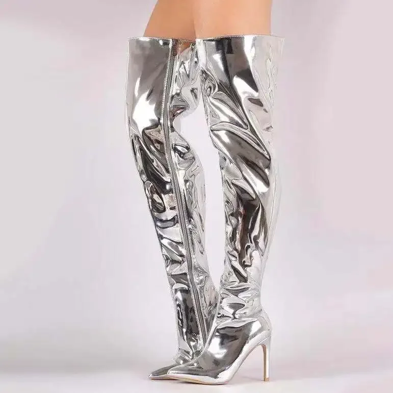 Botas de mujer con plataforma de espejo, puntiagudas, Punk, tacones altos y finos, Botas Largas por encima de la rodilla, zapatos de fiesta informales plateados con cremallera para Otoño e Invierno