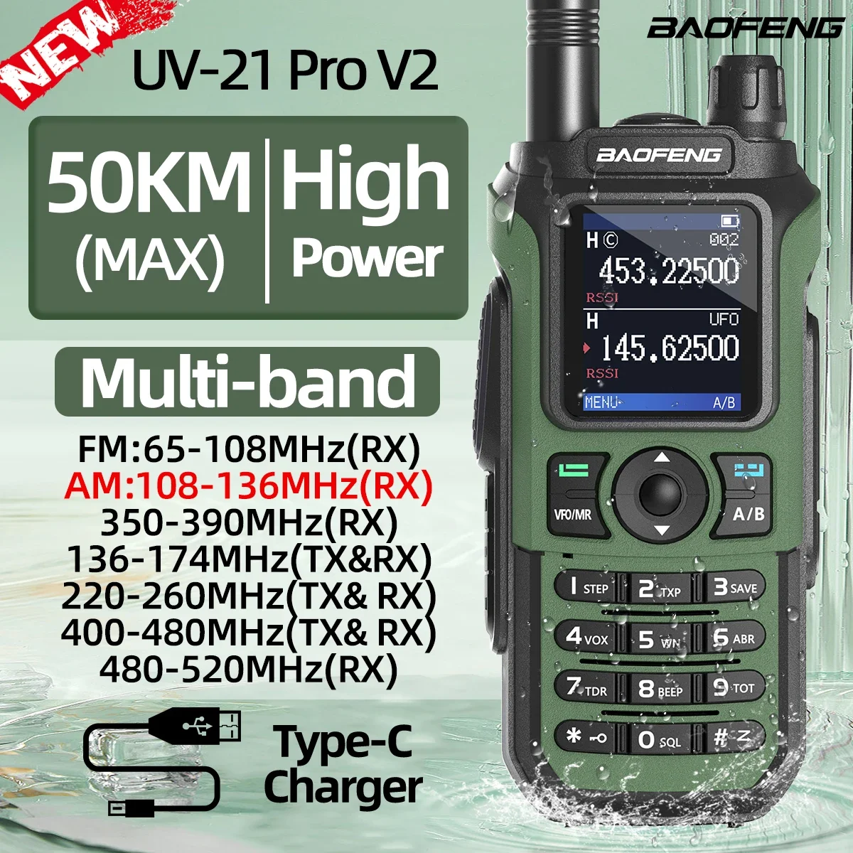 Baofeng UV-21 PRO V2 Walkie Talkie de largo alcance multibanda portátil Ham Radio bidireccional copia inalámbrica frecuencia tipo C para caza