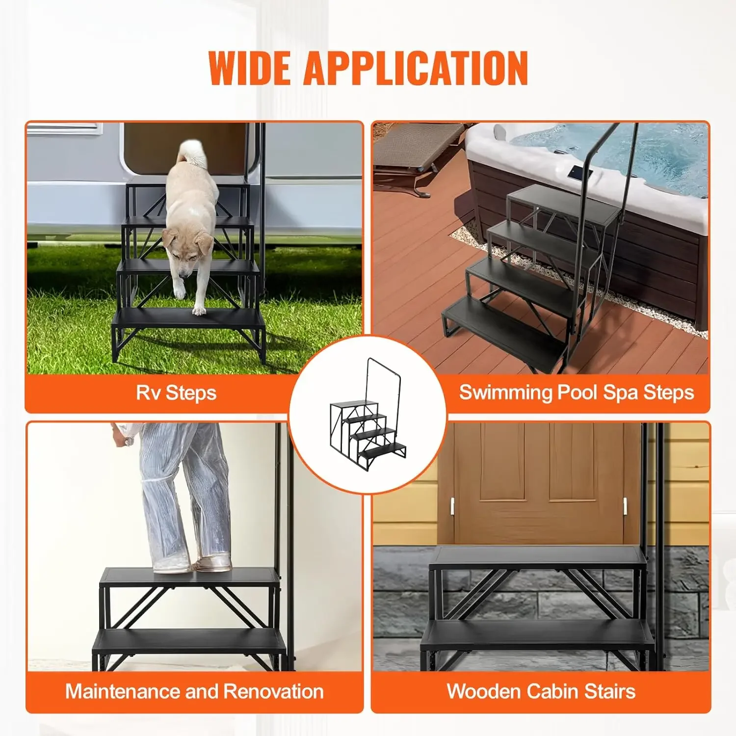 RV Steps, 4-Step RV Stairs, 440 LBS Load Capacity, Thickened Carbon Steel, with Handrail, Non-Slip Steps for Safe Entry and Exit