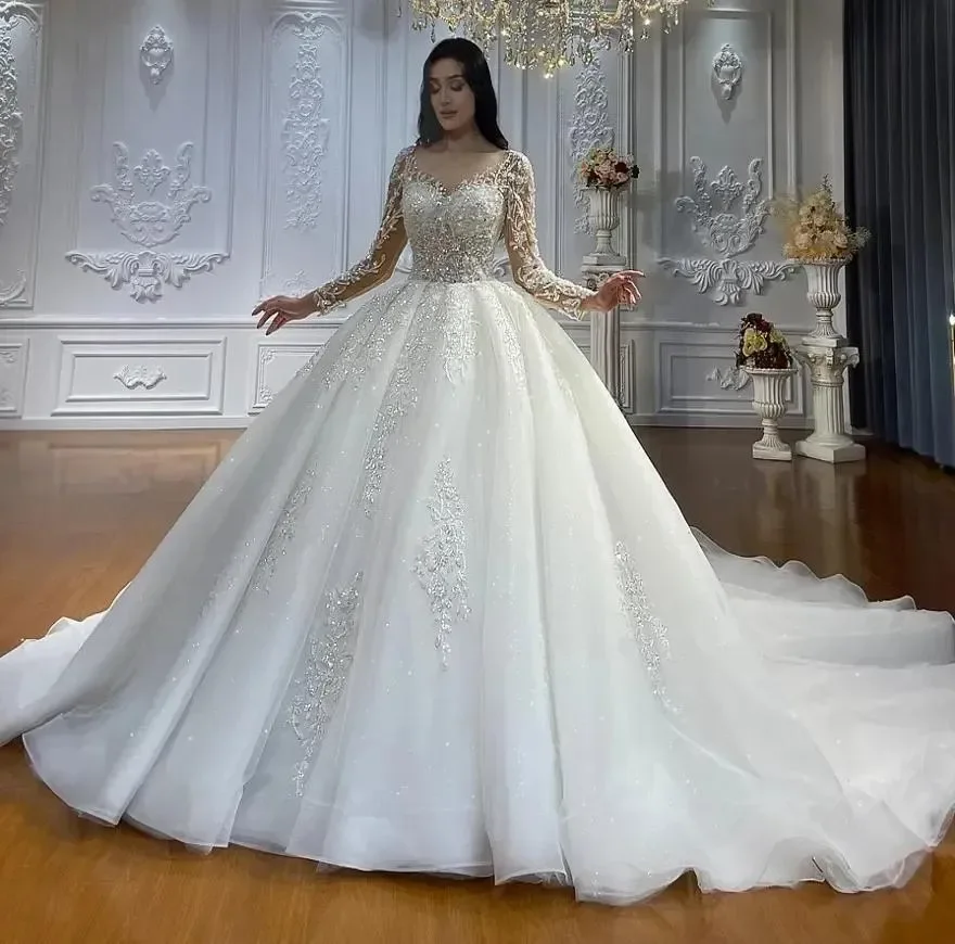 Vestido De Novia personalizado De lujo 2025, cuello De ilusión, mangas largas, Apliques De encaje, cuentas, Vestidos De Novia, bata De boda, Vestidos De Novia