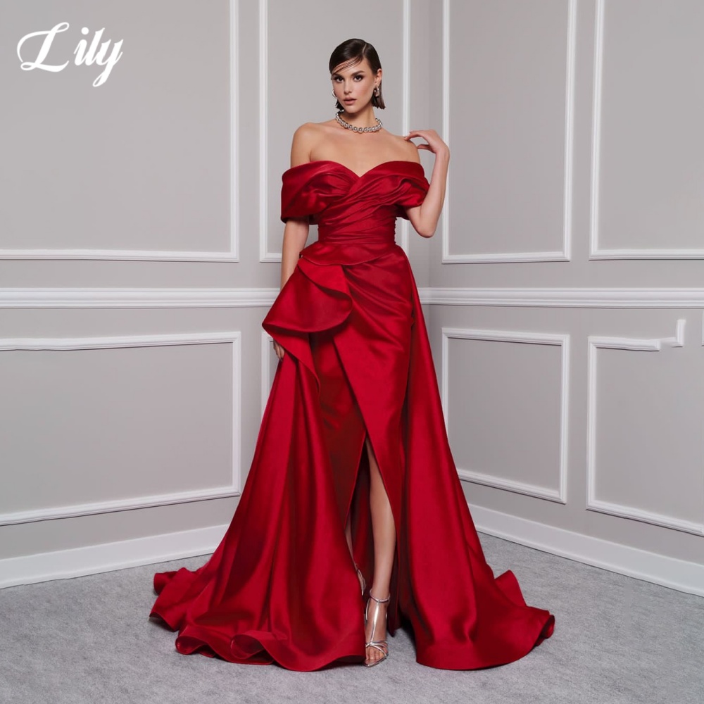 Lily Red Elegant ชุดราตรี V คอปิดไหล่ชุดผู้หญิงซาตินจีบด้านข้างแยกชุดราตรีที่กําหนดเอง