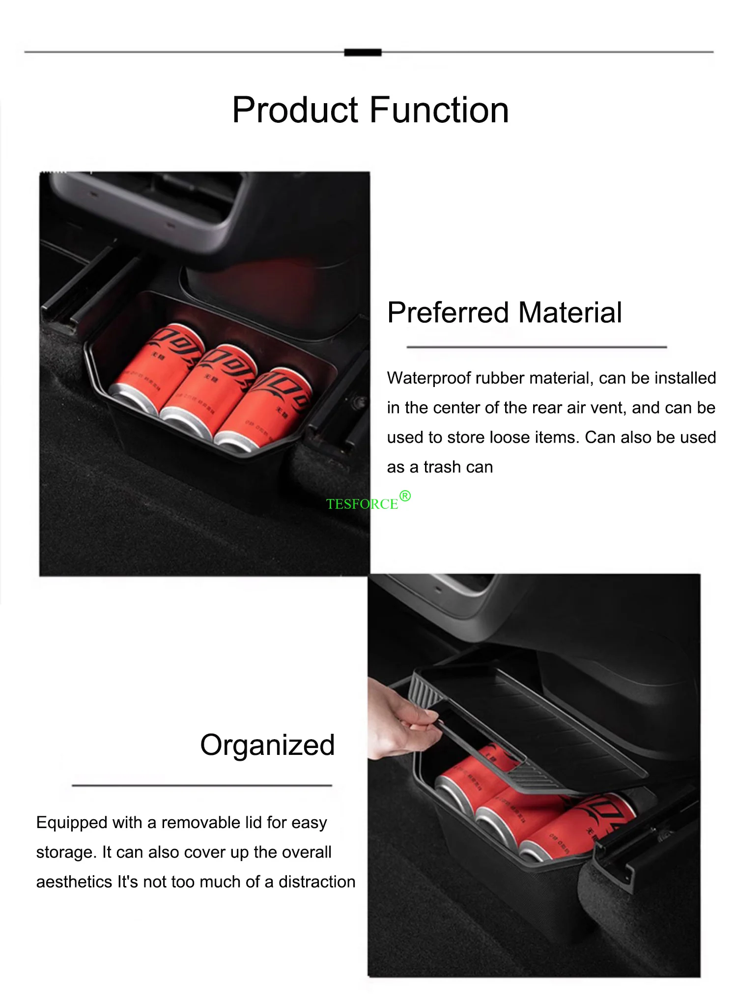 For Tesla Model Y 2021-2024 Rear Center Console Storage Box TPE Organizer Box with Cover Trash Can Under Seat Car Accessories