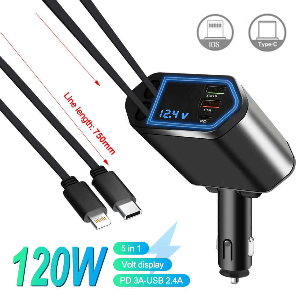 Einziehbares Autoladegerät, 4-in-1-Schnelllade-Autoladegerät 120 W, einziehbares Kabel und 2 USB-Anschlüsse, kompatibel mit Autoladegeräten