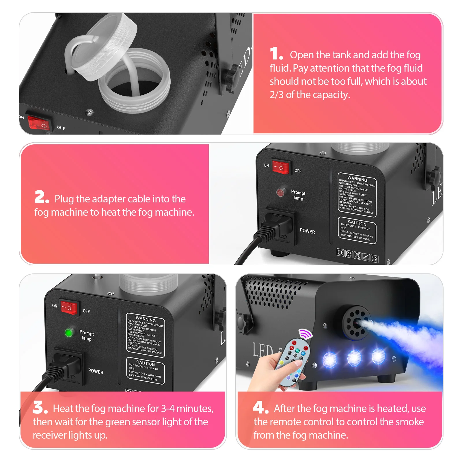 U'King 500W Machine à fumée RGB 3 LED Machine à brouillard de couleur mixte avec télécommande éjecteur de fumée de scène pour DJ Halloween Noël