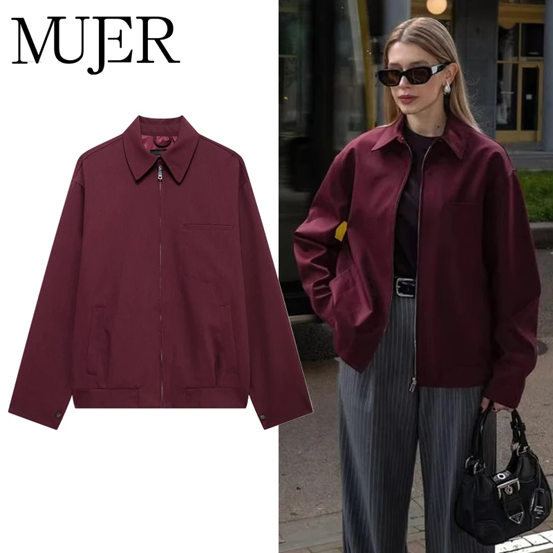 Muyer jaquetas bomber com zíper para mulheres outono outerwears casaco feminino manga longa jaqueta solta casacos femininos retro jaqueta feminina