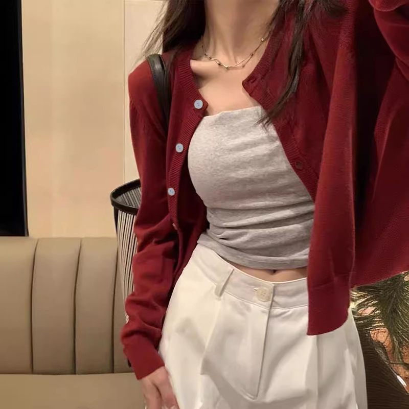 Alobee-cárdigan rojo de punto para mujer, ropa para principios de otoño, suéter corto para exteriores, prendas de vestir exteriores, Top de manga larga, camisa por el trasero, novedad de 2024
